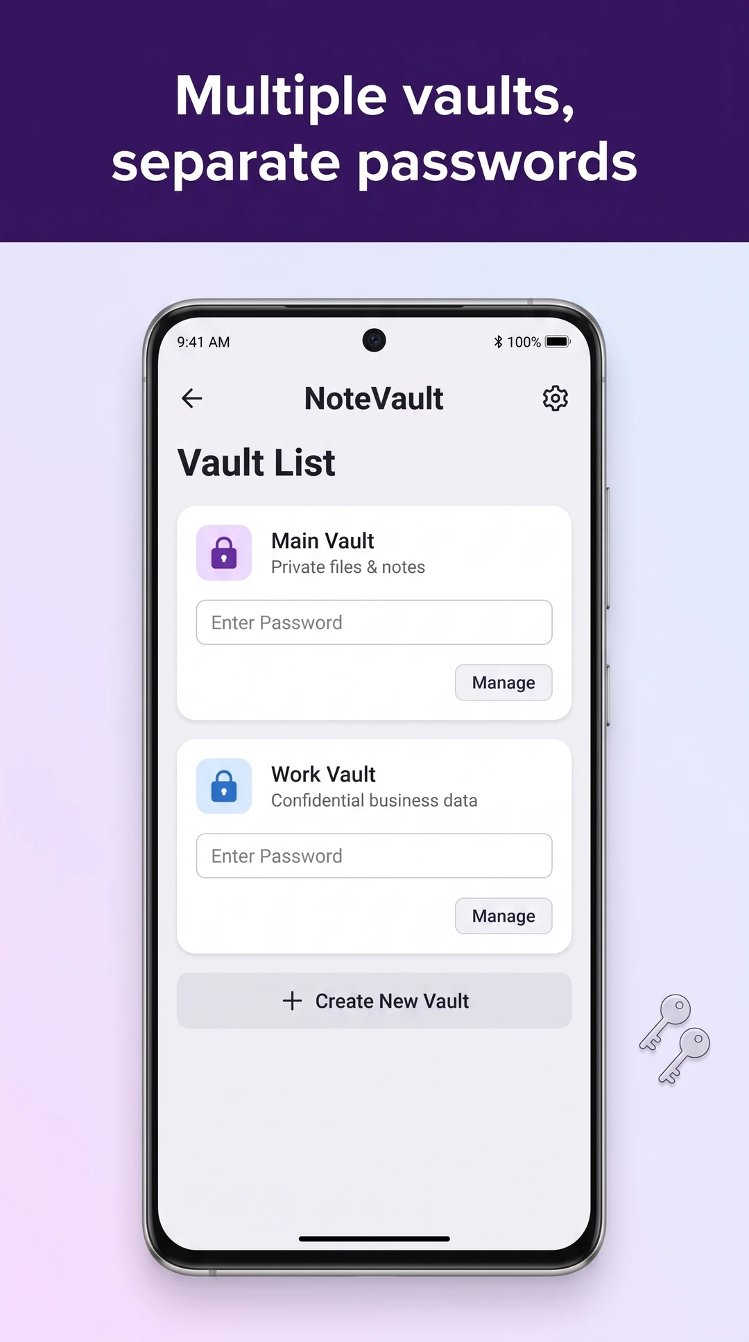 Two vaults, Main Vault and Work Vault, each with its own password